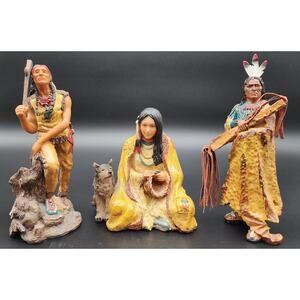 Set of 3 Native American Resin Figurines w/ Coyote Detailed 8.5” & 6”